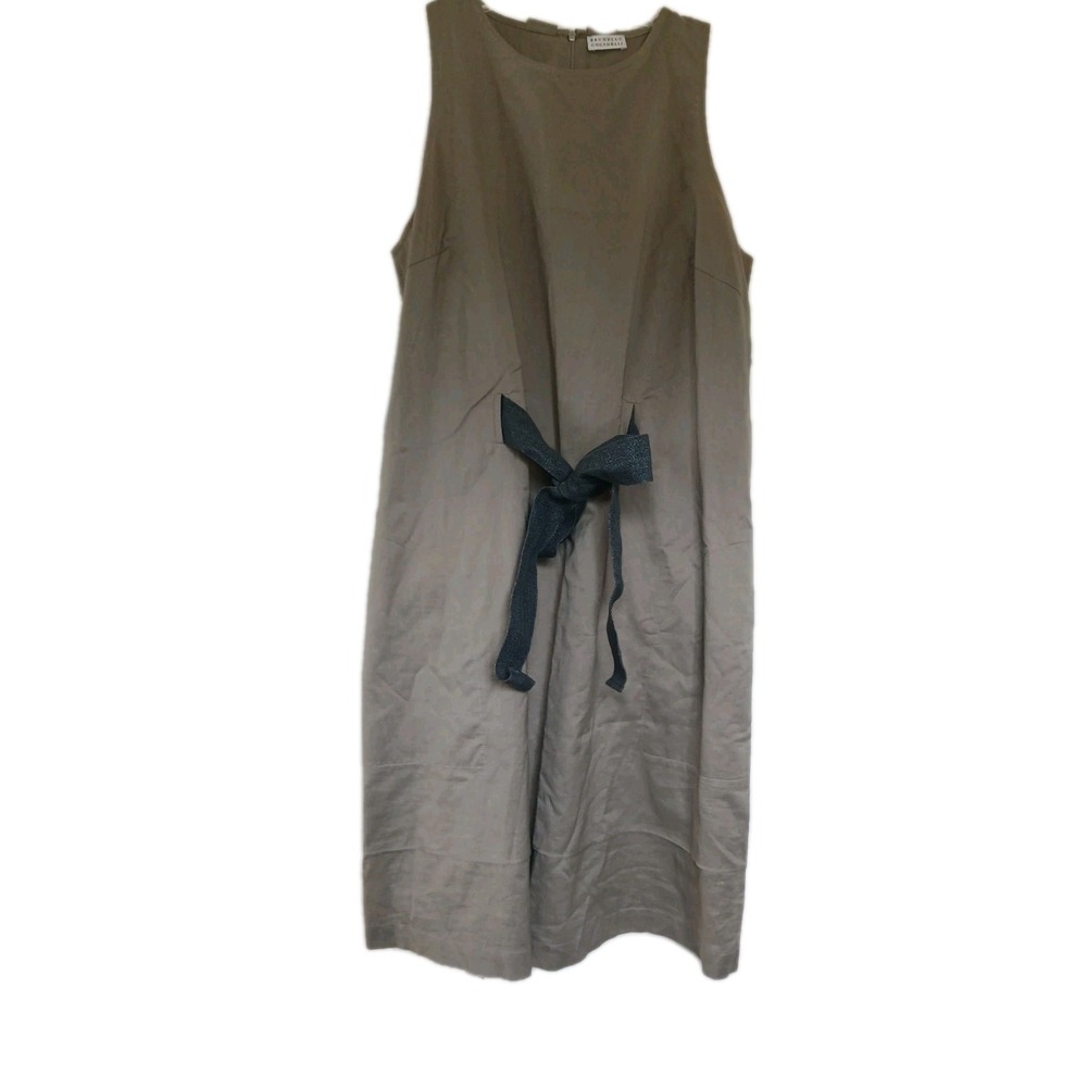 Brunello Cucinelli  Taupe Belted Mini Cotton Poplin Dress With Pockets Size XL